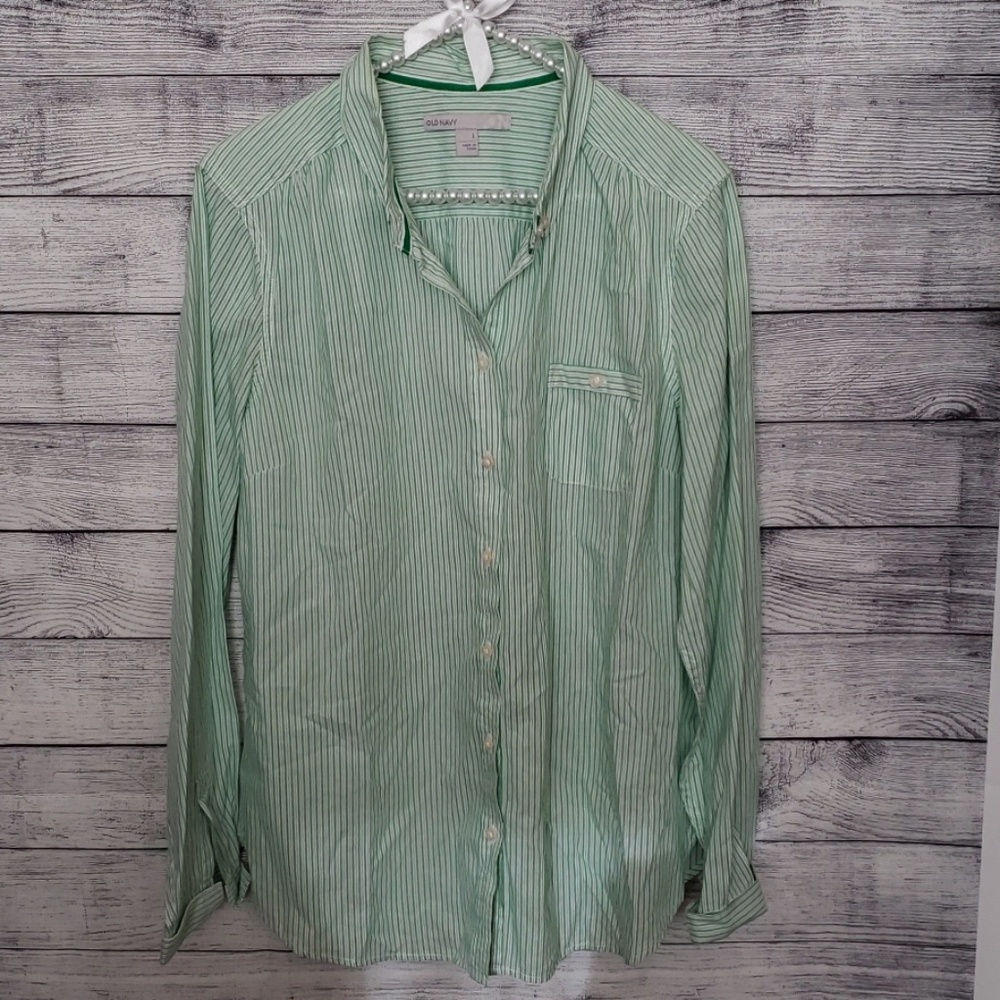 🍓 Old Navy Button Down Blouse Green Stripes
